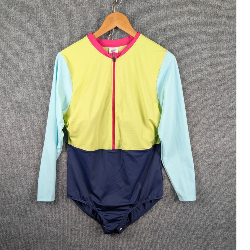 Lands End Womens 16W Colorblock Rash Guard One Piece Swimsuit Zip Front